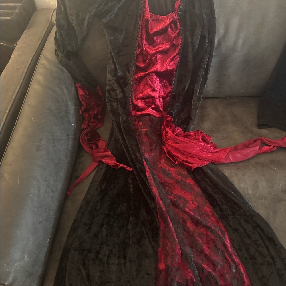 Renaissance Vampire Costume Black and Red Hooded Dress